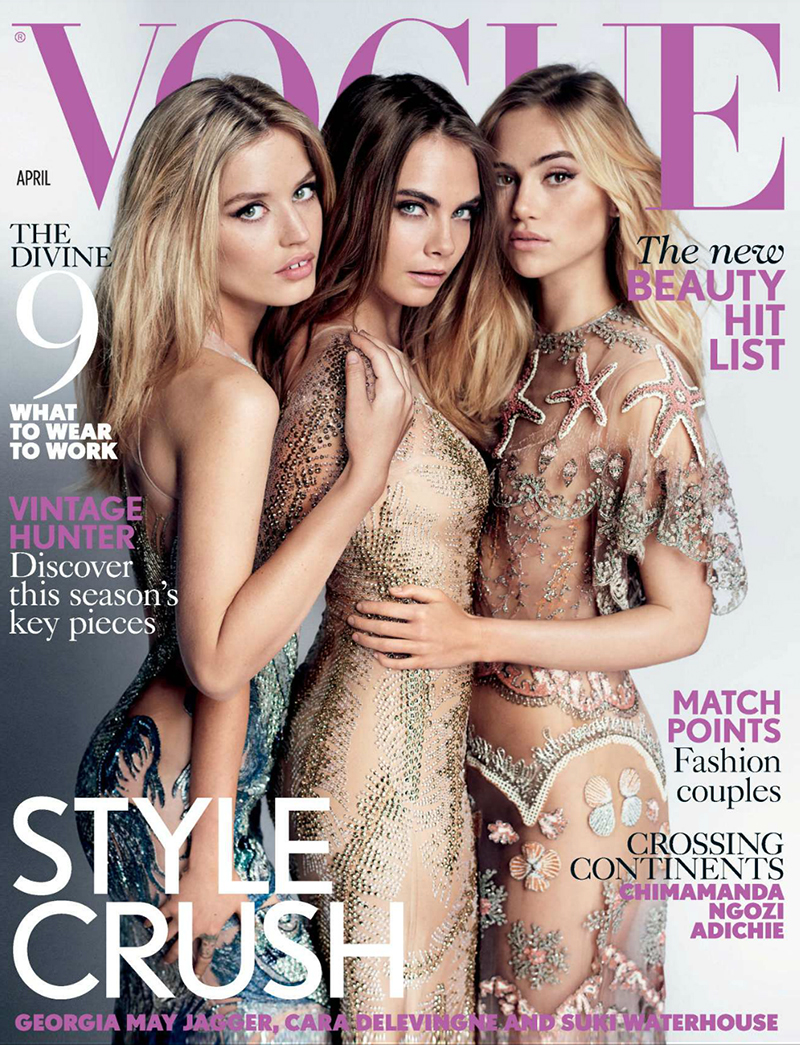 Beautiful Fashion Models Georgia May Jagger, Cara Delevingne, And Suki Waterhouse Modeling For The Cover Of British Vogue. Photographed By Mario Testino. Hair Styling By Sam McKnight.