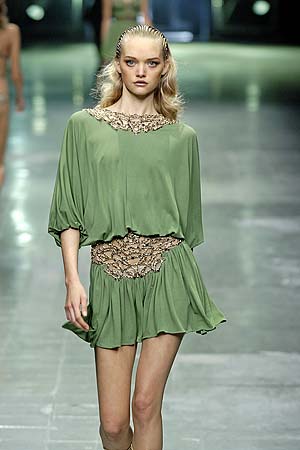 Beautiful Blonde Model Modeling For Alexander McQueen In Beautiful Green Alexander McQueen Dresses