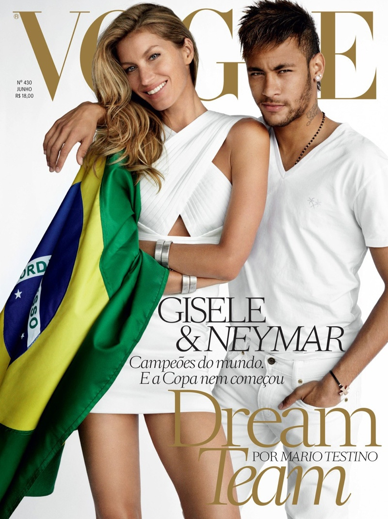 Beautiful Brazilian Fashion Model Gisele Bundchen Modeling With Brazilian Soccer (Futbol) Player Neymar Modeling For The Cover Of Vogue Brasil (Vogue Brazil) Modeling As The Highest Paid Model In The World.
